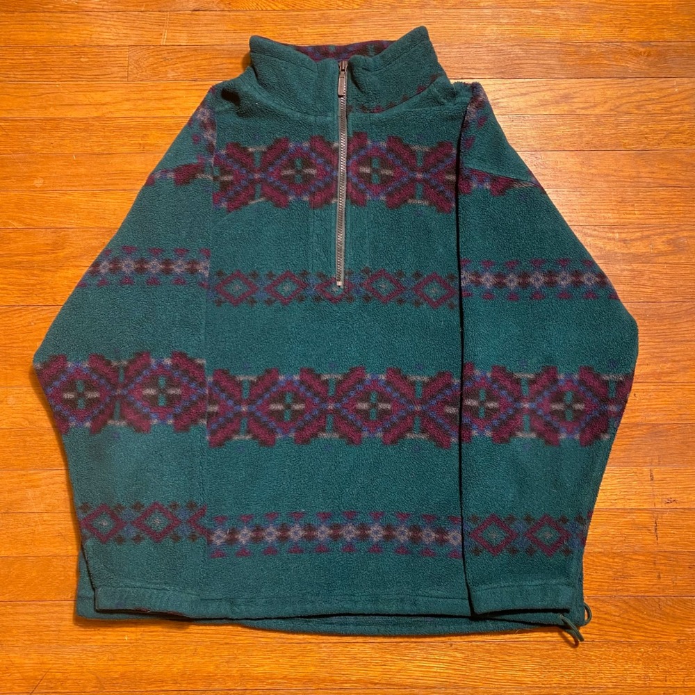 Vintage Eddie Bauer Mens Aztec Fleece Quarter Zip Green Pullover M